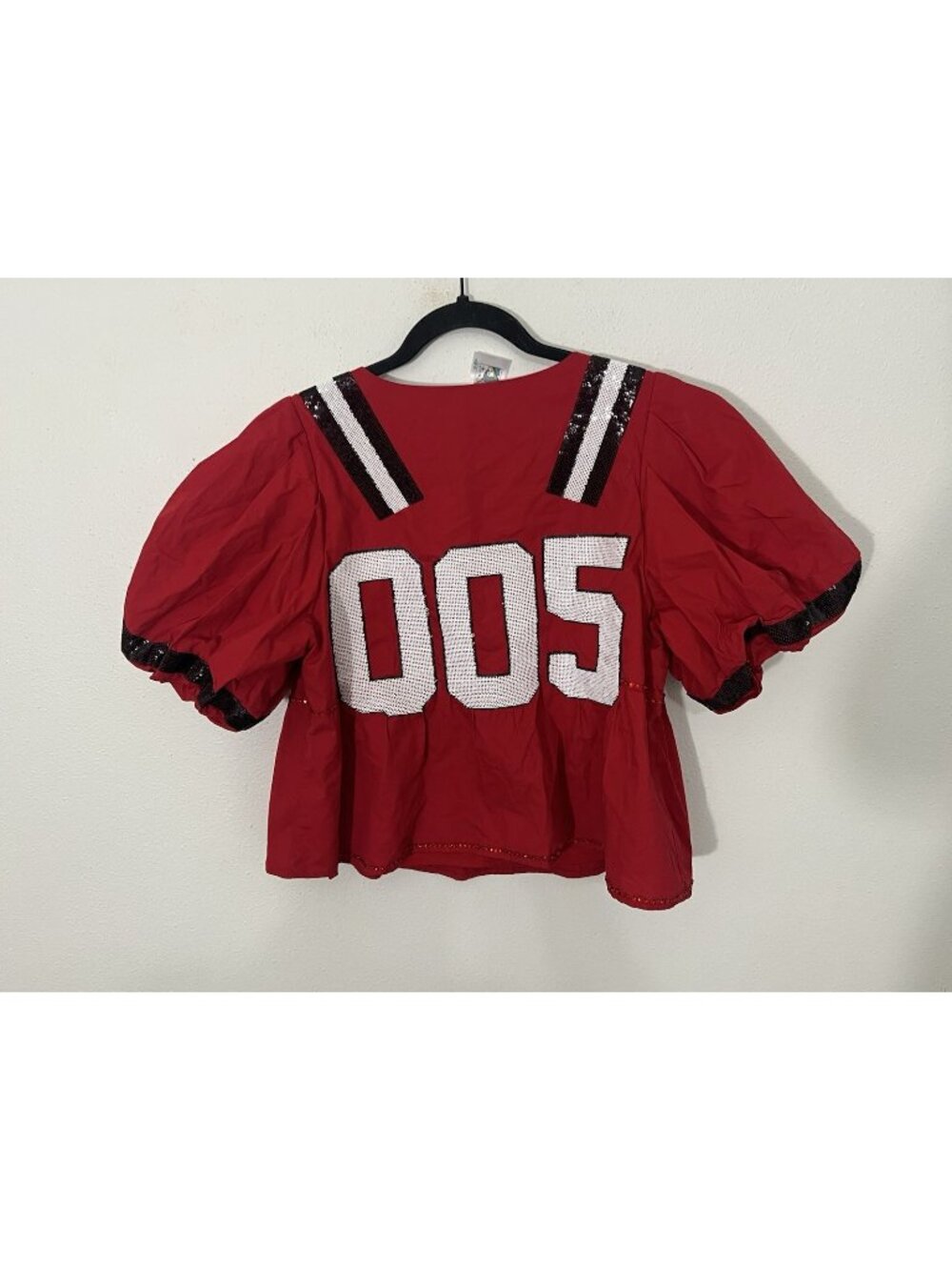 Queen Of Sparkles Red 005 Sequined Peplum Top Size Medium Puff Sleeve